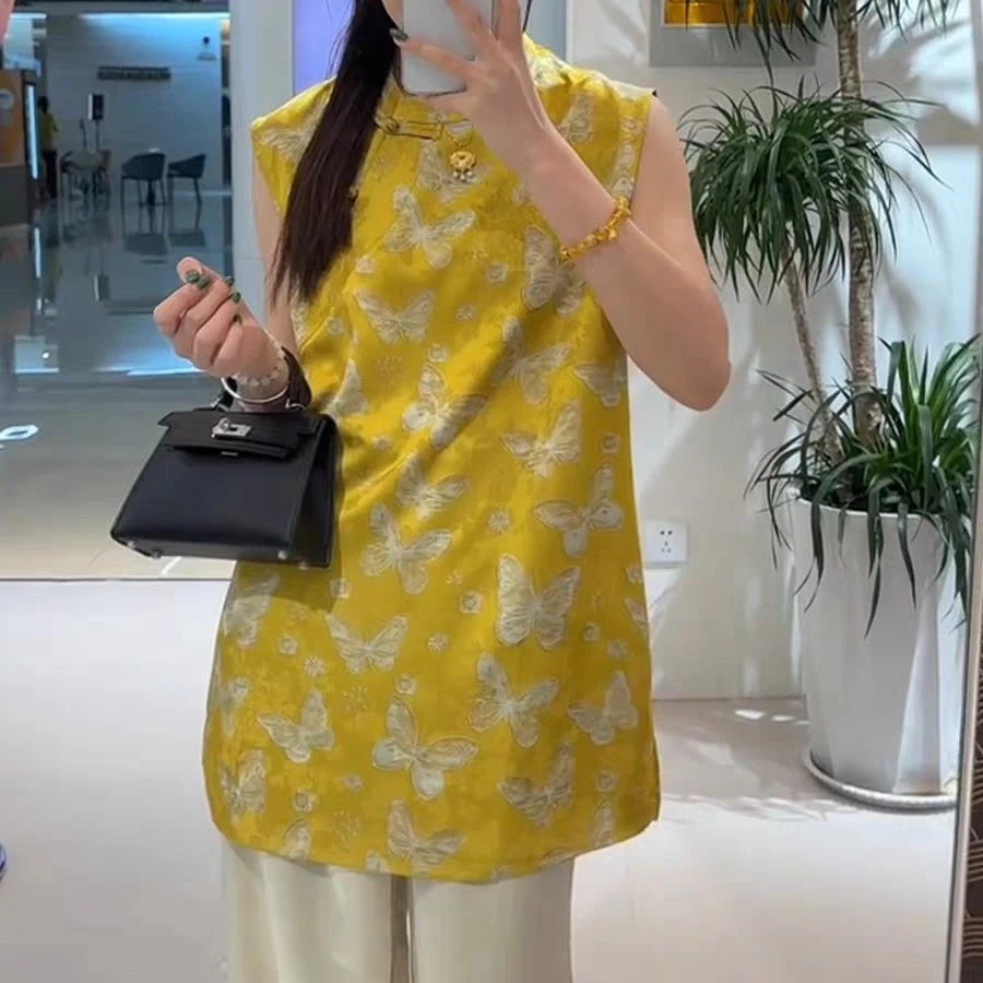 套装新中式国风黄色蝴蝶印花盘扣无袖气质显瘦女上衣
