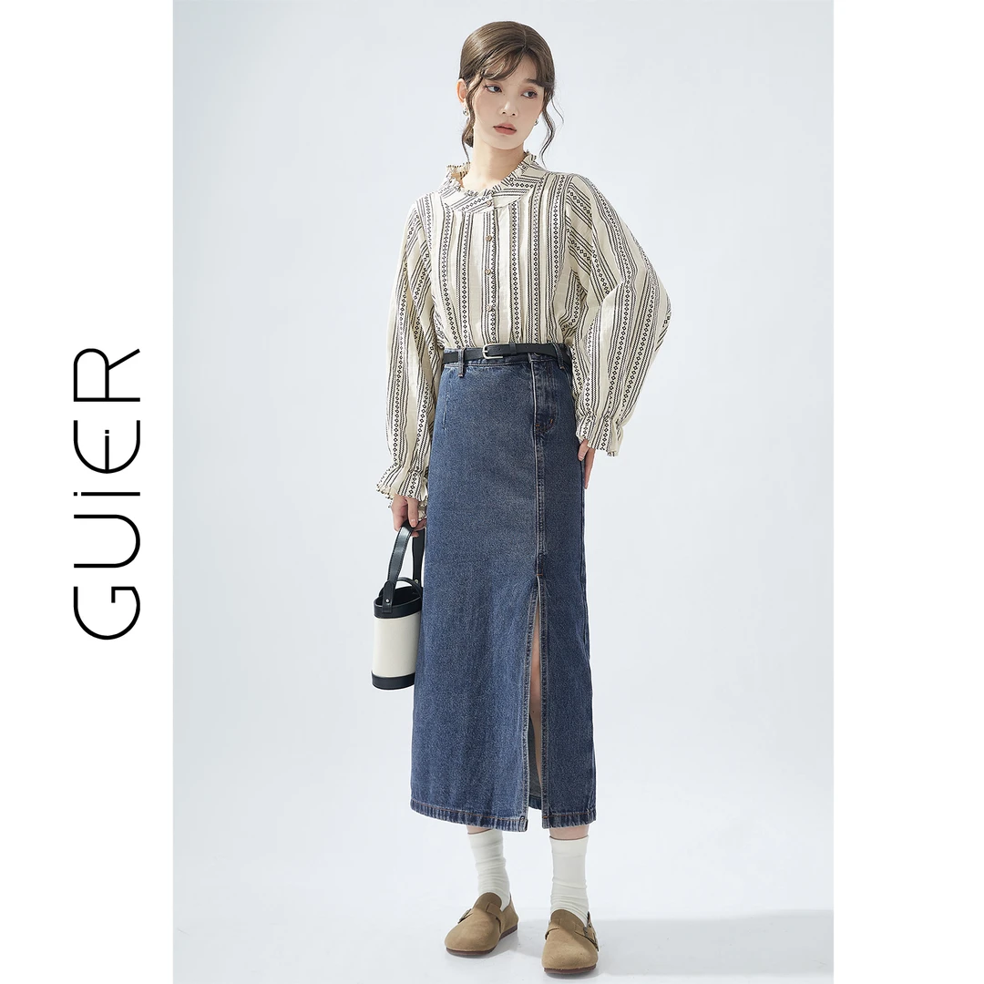 「GUIER」设计感花边印花衬衫女2024年法式复古小众长袖衬衣G2322