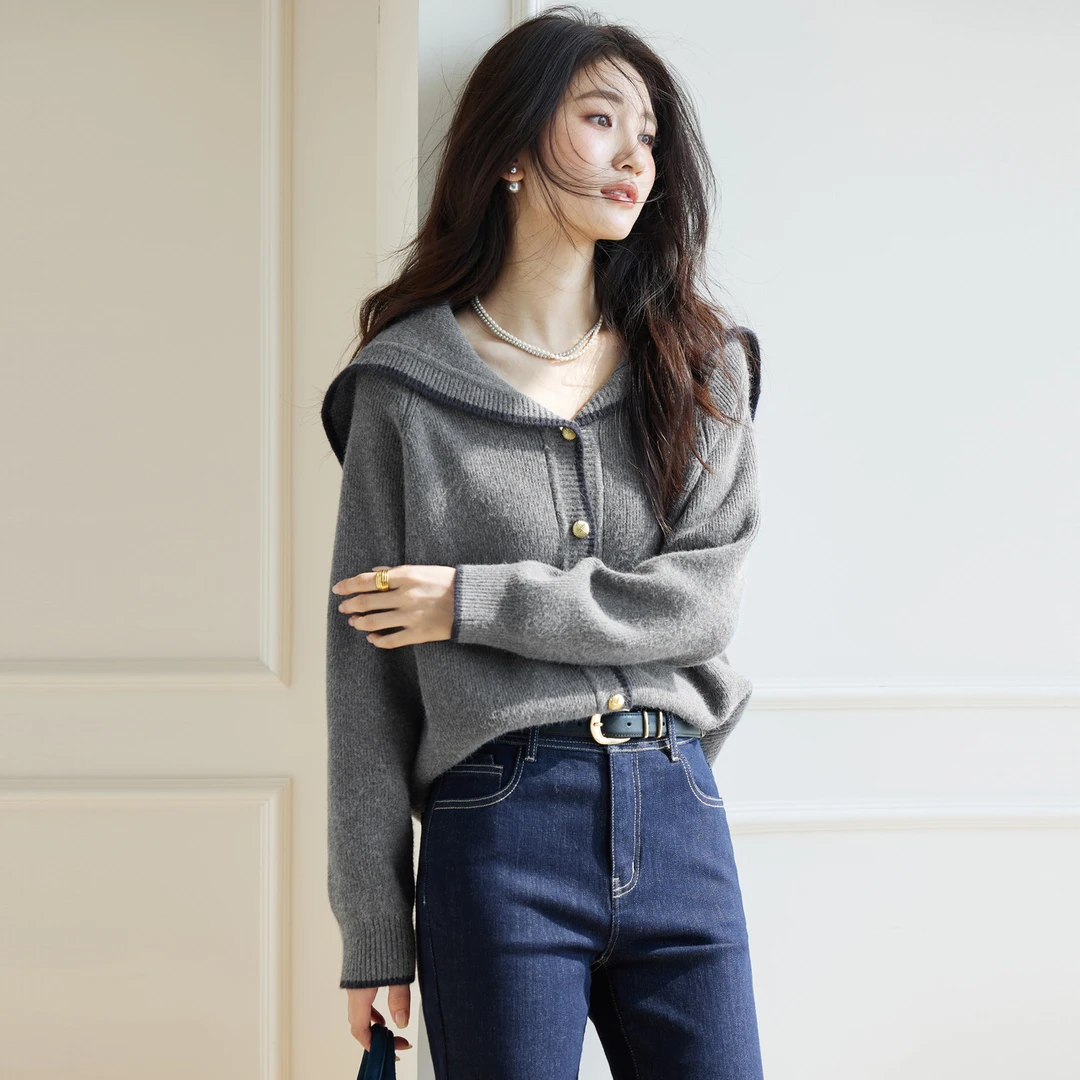 伊芙丽学院风撞色针织开衫女24冬季海军领毛衣1FA935301冬季穿搭