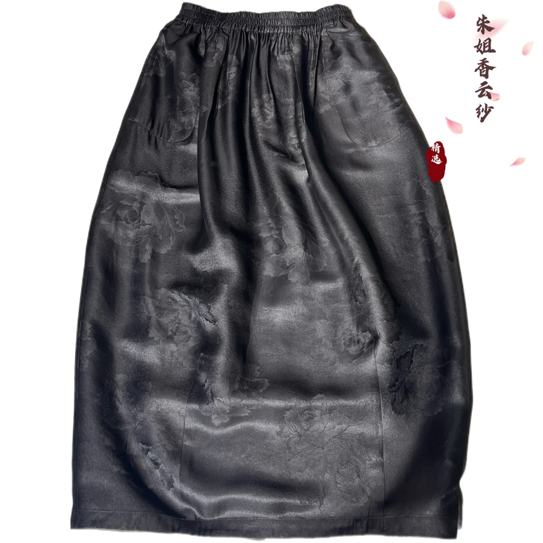 【非遗香云纱】45姆米重缎牡丹花黑色夏季显瘦花苞裙