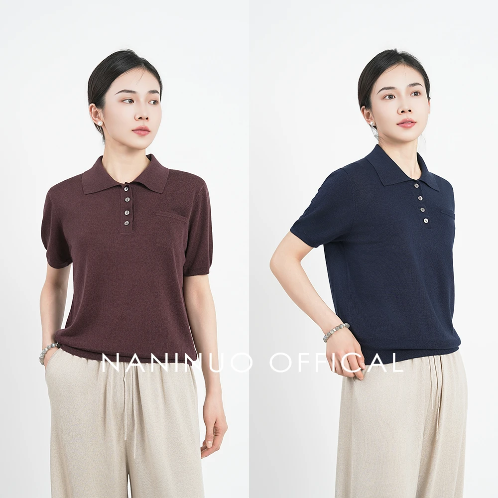 Naninuo/纳尼诺<简·悠然>精纺丝羊绒翻领POLO衫短袖NGDX25057