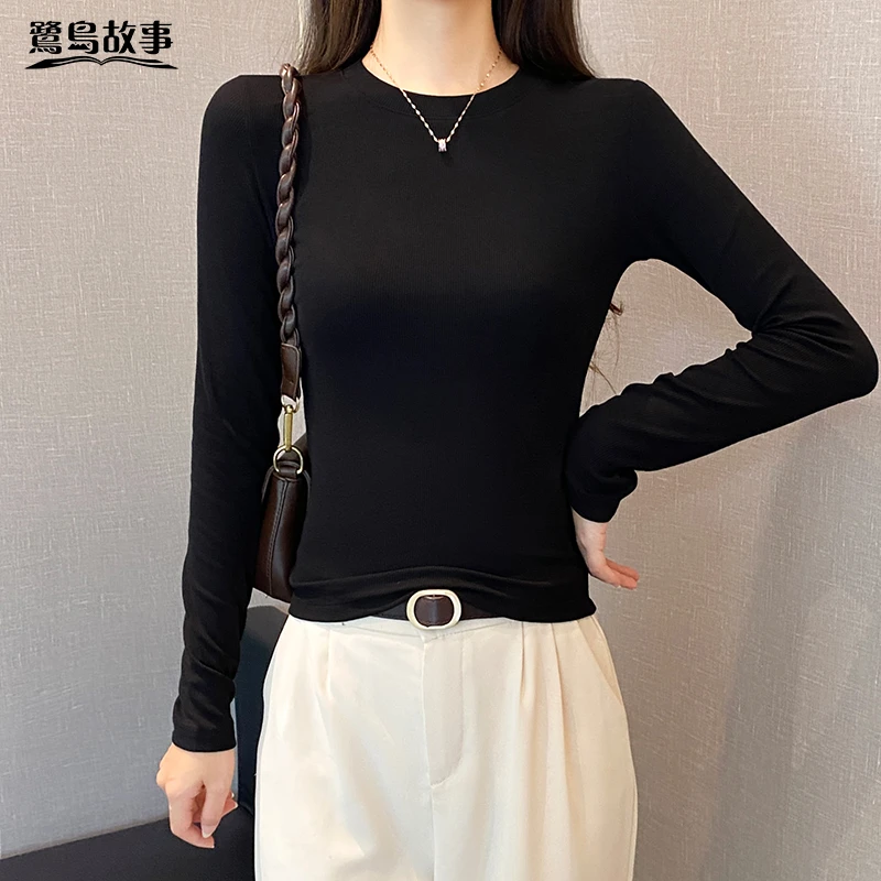 鹭岛故事螺纹小圆领长袖t恤女春秋修身打底衫内搭显瘦正肩上衣潮