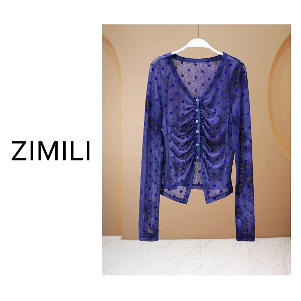 【亮哥女装】2025欧版蓝灰色植绒波点印花时尚爽肤衣9308