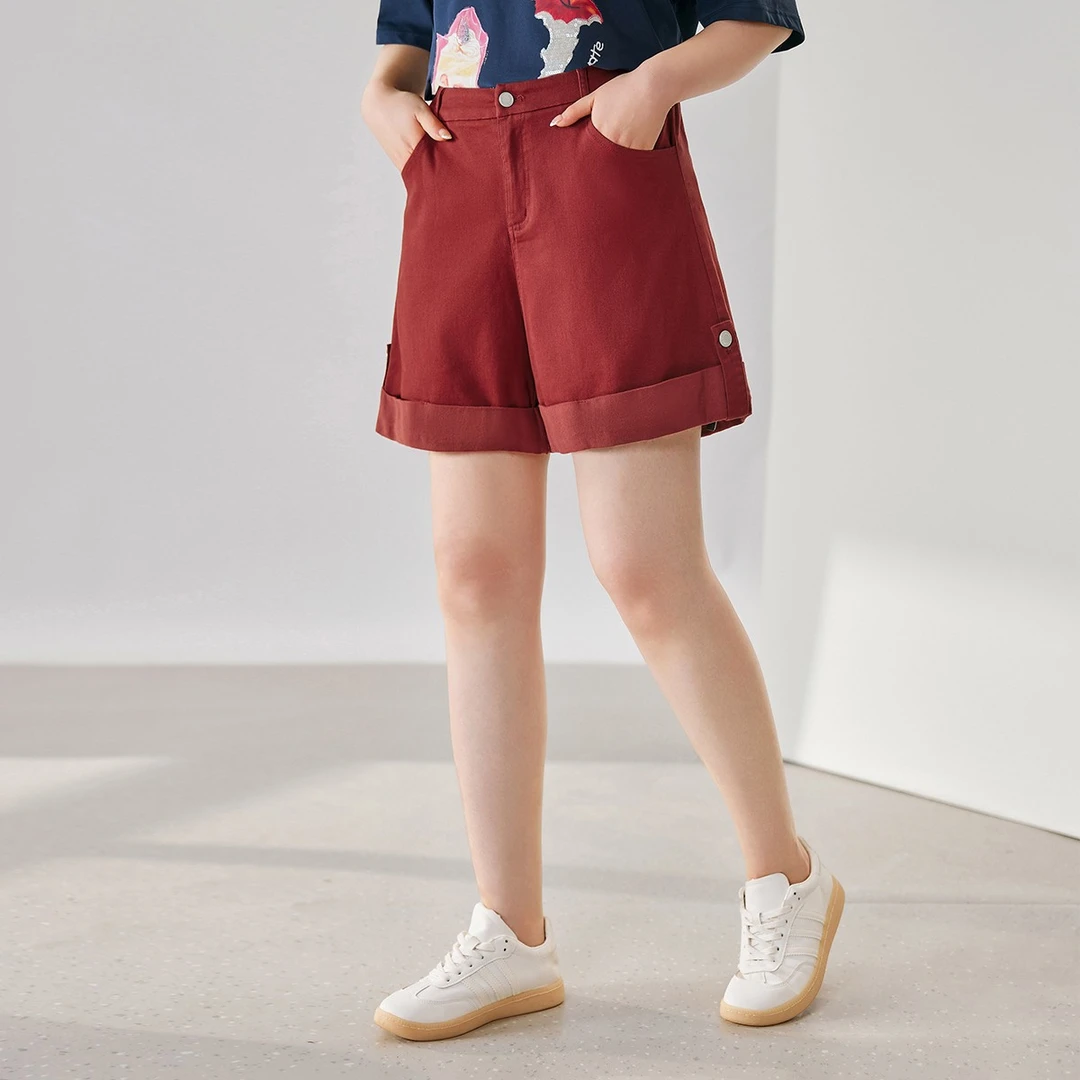 【斜纹棉高腰显瘦阔腿短裤】MsShe大码女装2025新夏装松紧K2505027