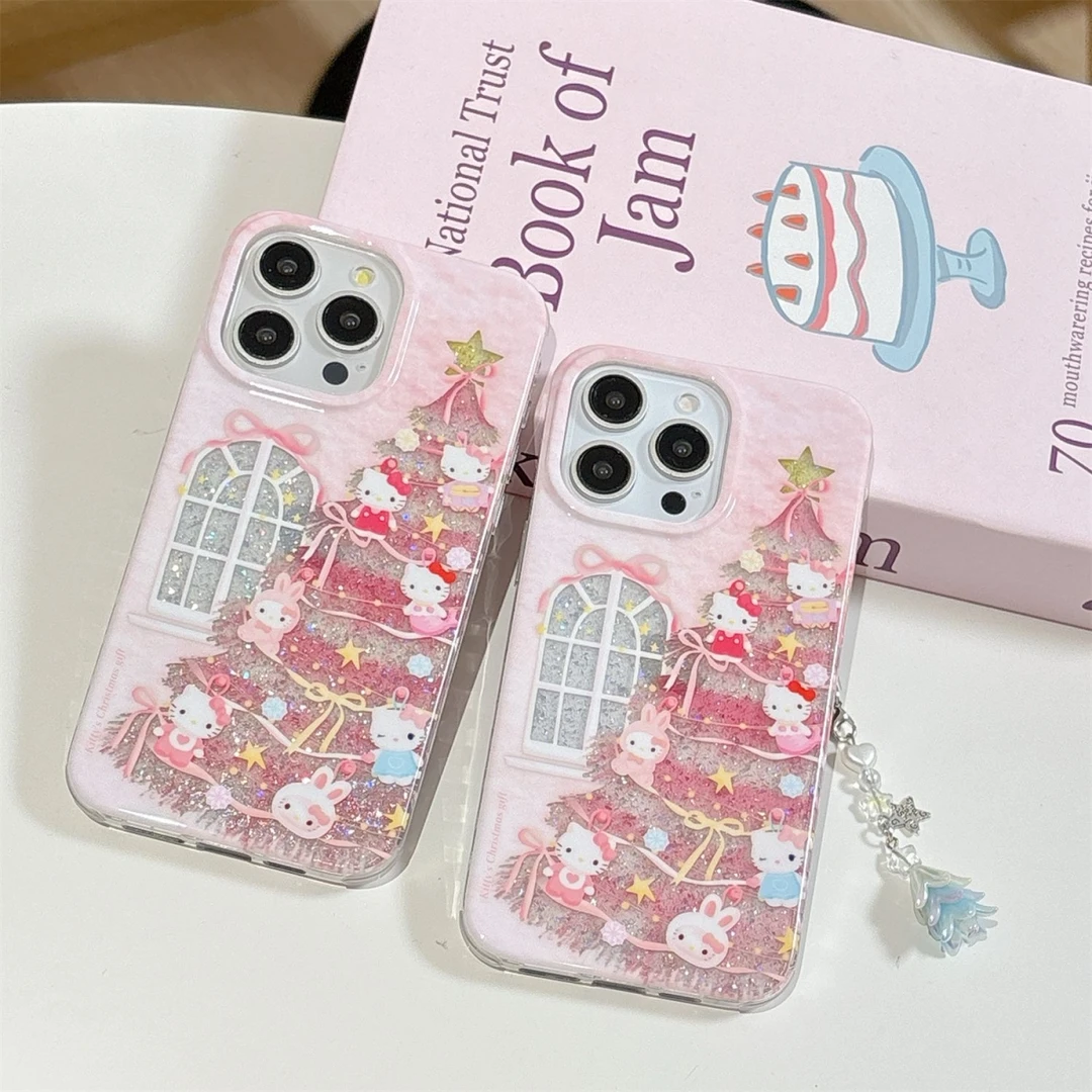 卡通圣诞树粉亮片凯蒂猫适用iPhone15苹果16手机壳17promax新款14
