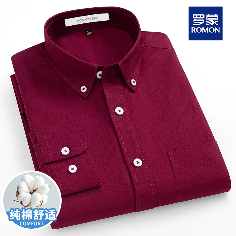 罗蒙酒红色男士纯棉长袖衬衫春秋喜爸爸衬衣轻奢舒适商务休闲男装