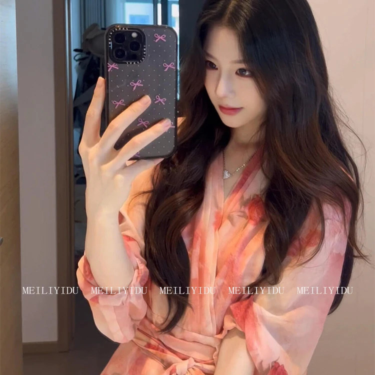 MLYD/定制大尺码法式轻熟风粉色印花长袖洋装女修身显瘦气质长裙