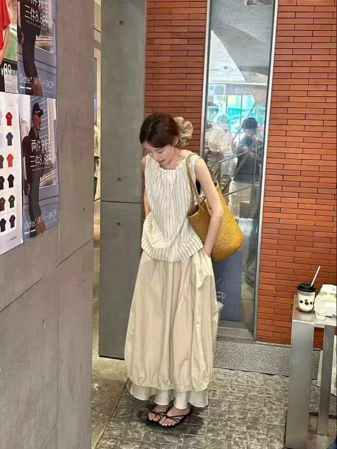 韩系夏日穿搭套装无袖条纹吊带背心上衣女装夏季裙子半身裙两件套