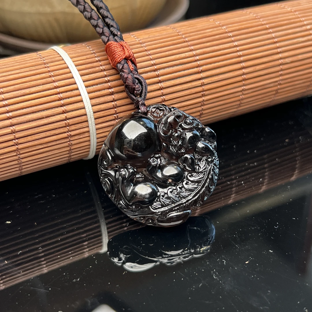 黑曜石貔貅吊坠貔貅抱珠女士玉石挂件黑曜岩首饰男款   @只发一件