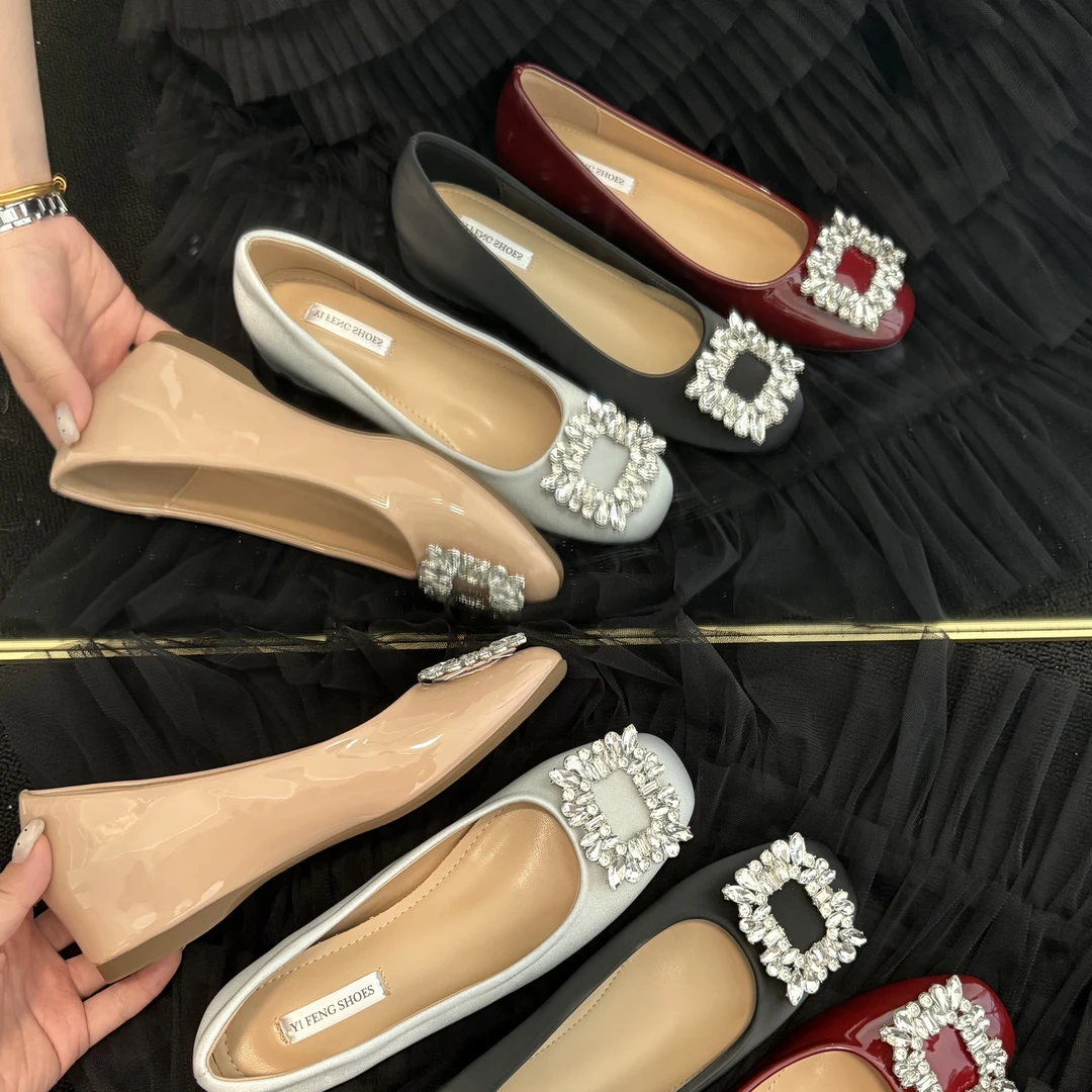 5cm内增高~小个子法式浅口水钻方扣百搭气质通勤单鞋优雅风女鞋