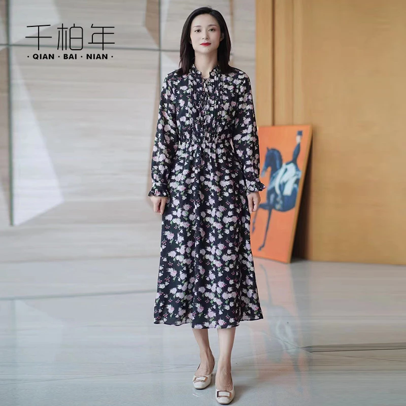 千柏年品牌【浪漫花海】时尚碎花木耳边优雅知性长袖连衣裙-C552