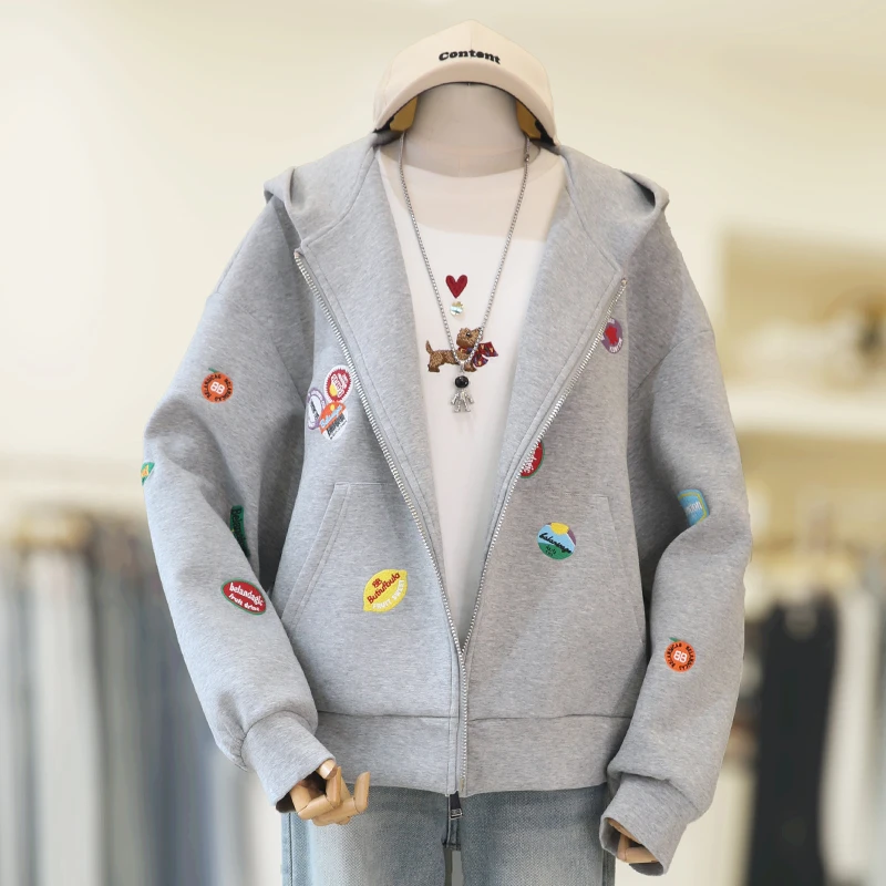 zaw大码刺绣连帽拉链卫衣外套女春百搭微胖mm显瘦休闲上衣/25036