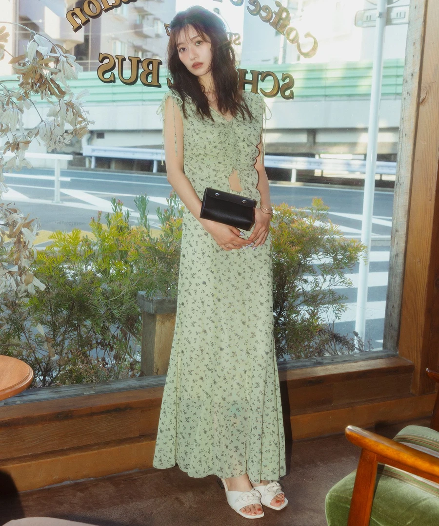 【FaFa】日系 CCD 假两件镂空 波点碎花抽绳鱼尾连衣裙FA506-094