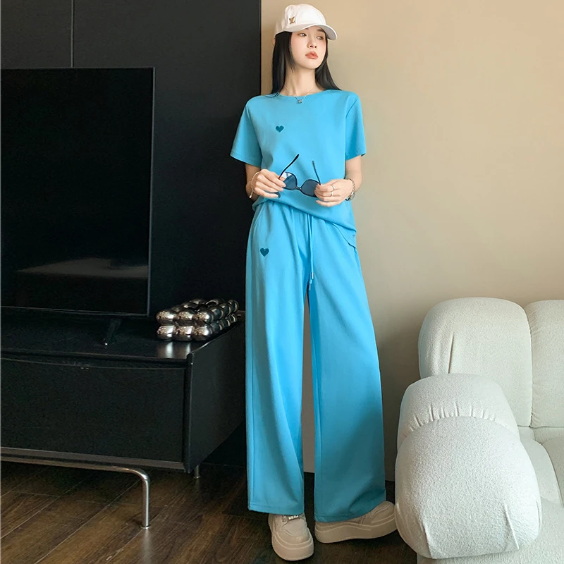 休闲运动套装小众蓝色直筒纯色运动时尚春夏夏季高腰宽松百搭