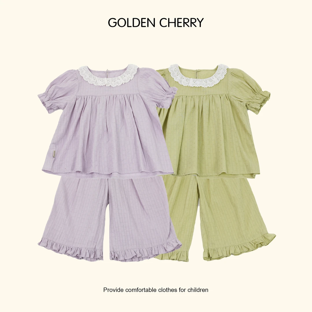 【金樱桃 Golden cherry】儿童蕾丝领泡泡短袖套装jyt2009