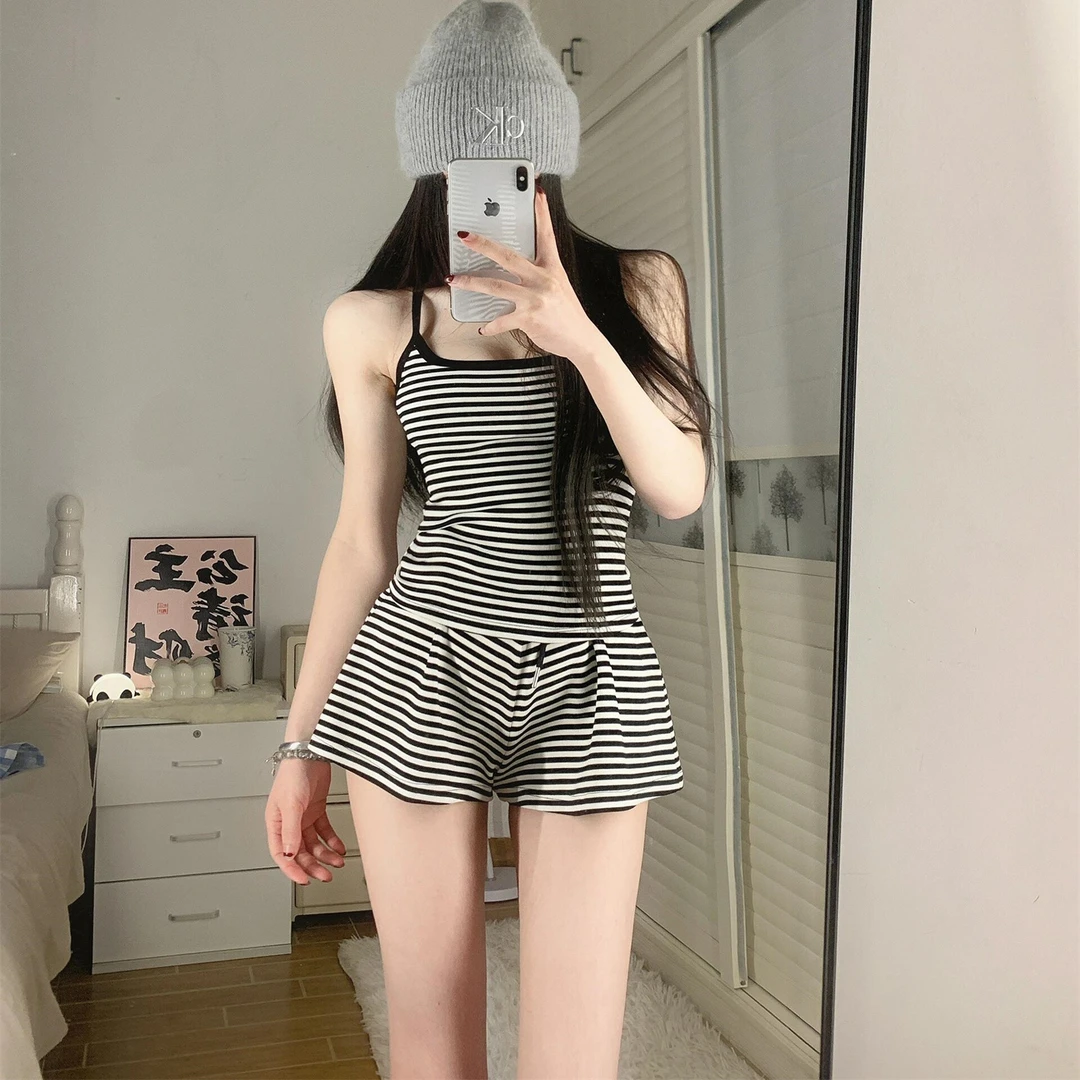 辣妹高级感条纹吊带睡衣少女春夏新款性感纯欲短裤家居服套装大码
