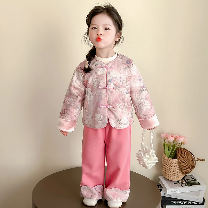 女童拜年服套装2025春季新款儿童汉服唐装宝宝春秋装过年两件套潮