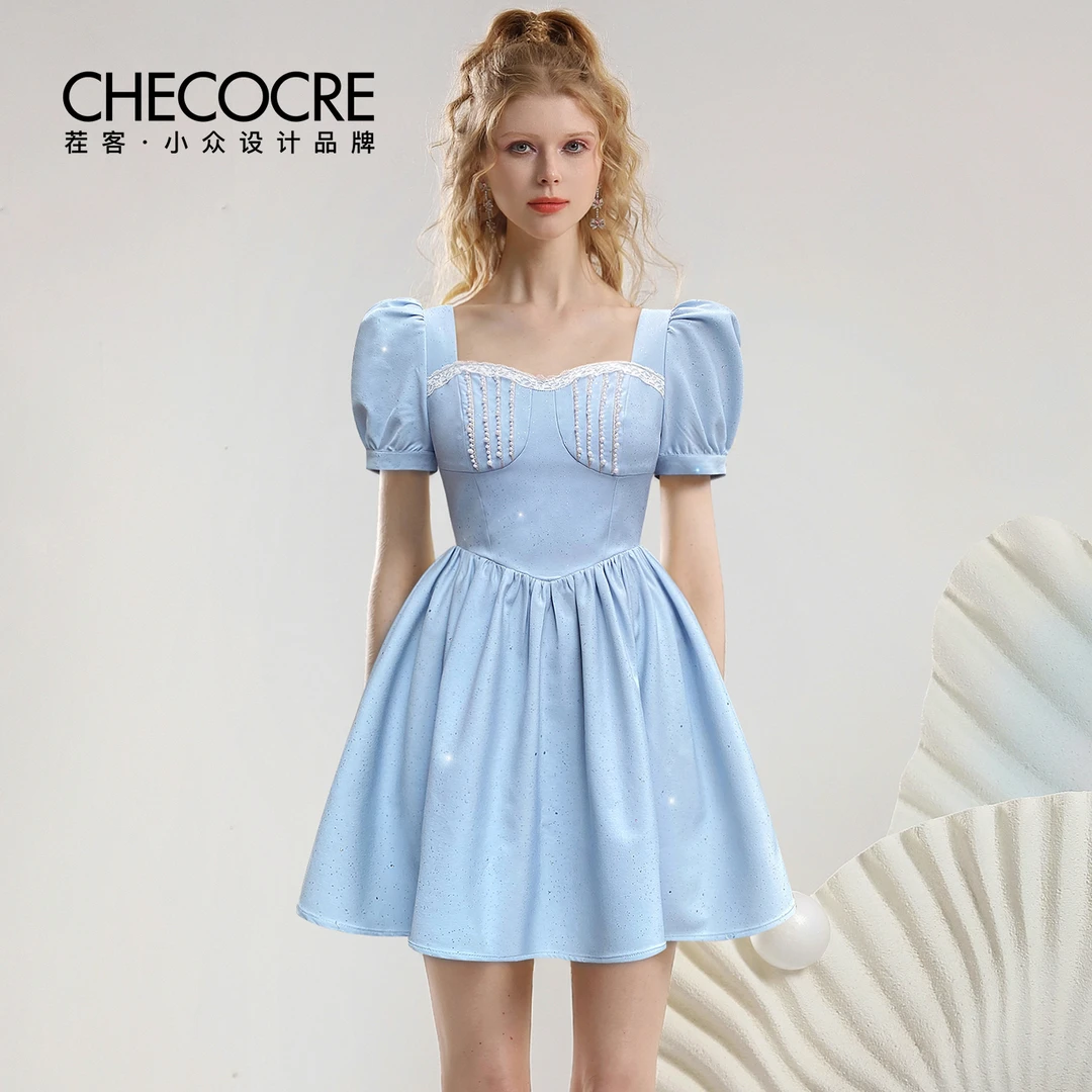 茬客法式方领修身连衣裙夏季新款时尚气质设计感休闲短裙CM710039