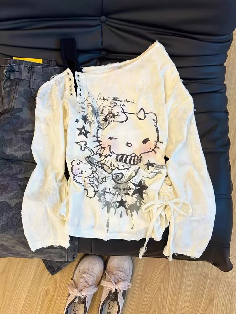 大码甜酷y2k猫咪印花长袖女秋季宽松显瘦小众抽绳设计感露肩上衣