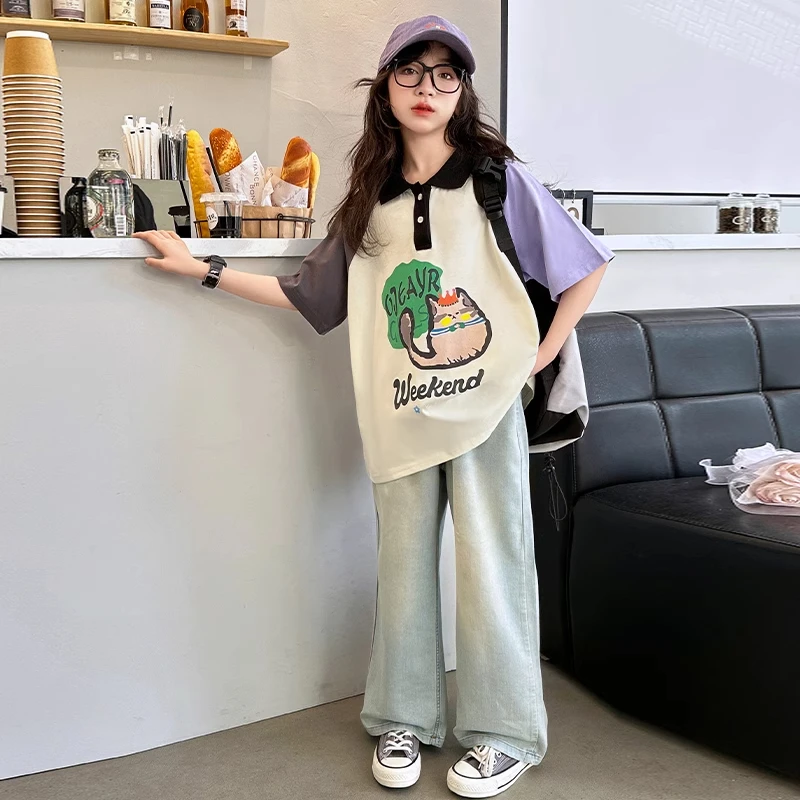 女童短袖t恤polo衫2025夏装新款拼接时髦撞色网红上衣洋气半袖T恤