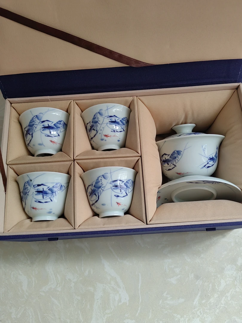 景德镇写意纯手工手绘虾套组茶具