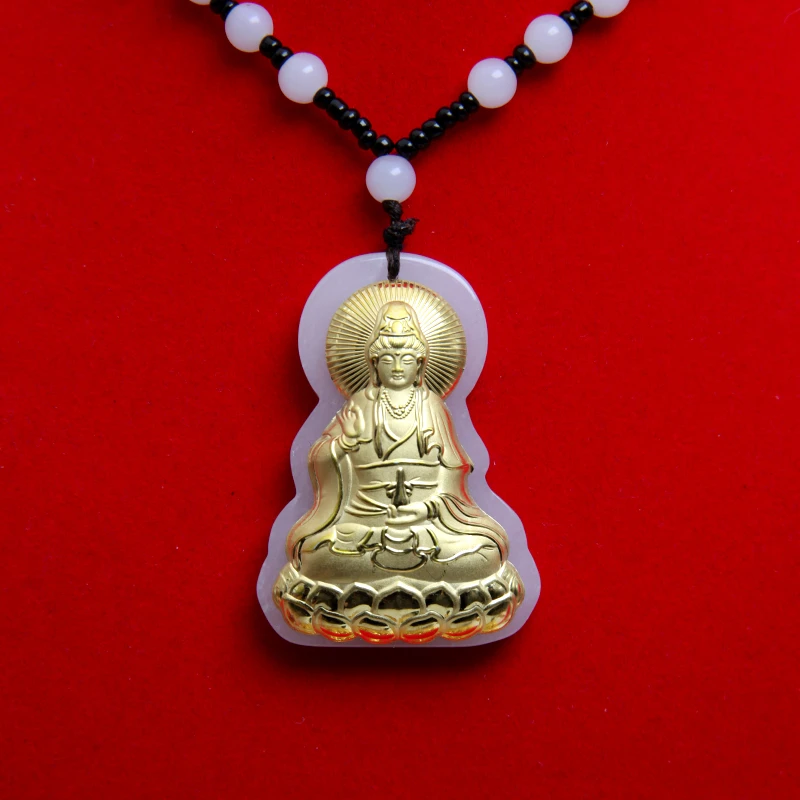 黄金真金镶嵌金丝玉玉观音吊坠-赠链子礼盒证书-YJ