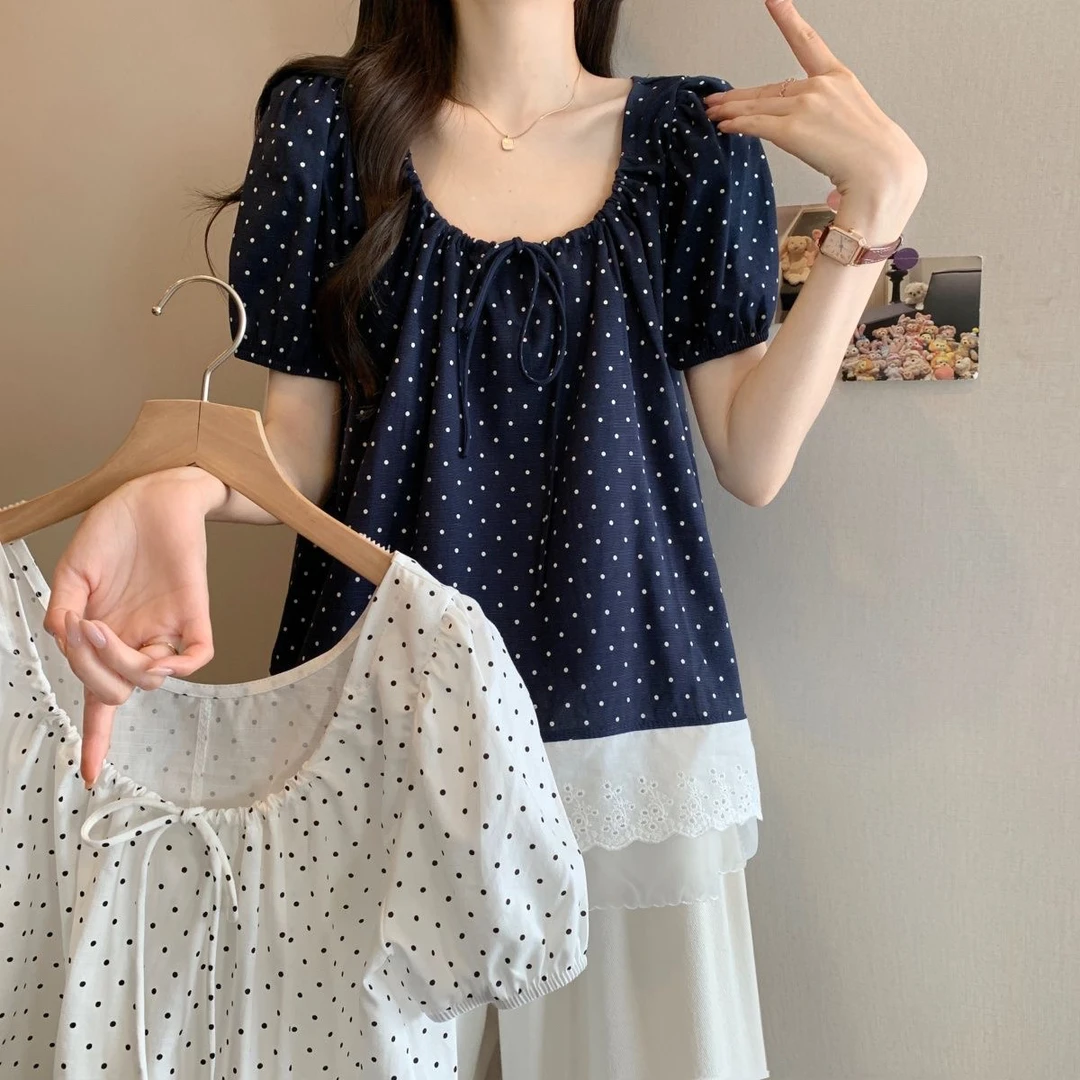 9936新款法式方领泡泡袖设计感夏季遮肉显瘦甜美波点衬衣短袖上衣