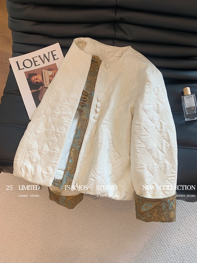 秋冬季2025新款女新中式提花拼接棉服复古风国风宽松保暖夹棉外套