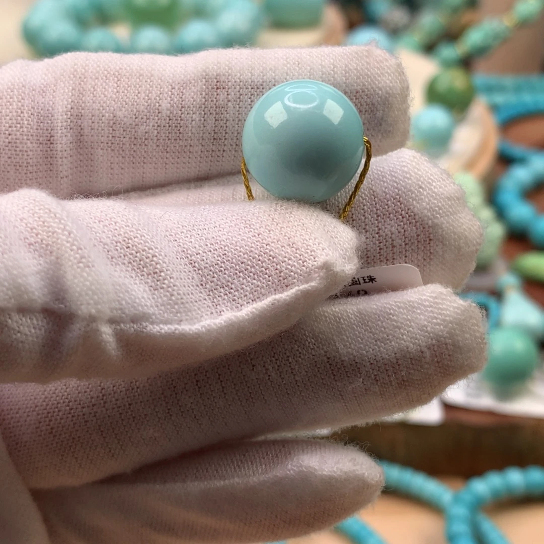 绿松石未镶嵌珠宝奇石高瓷蓝绿圆珠14.1mm
