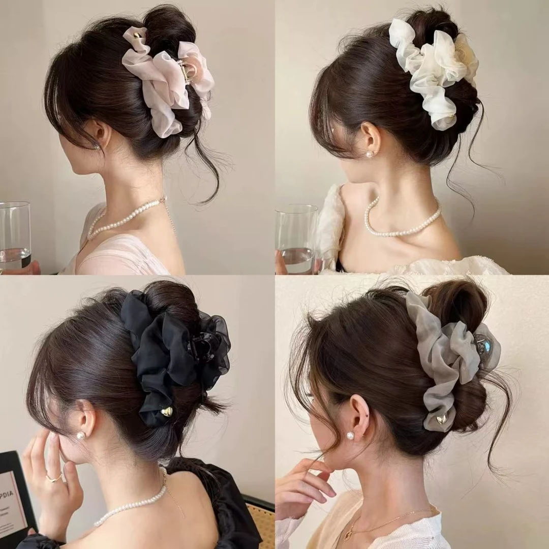 温柔网纱褶皱显发量抓夹大号气质后脑勺盘发鲨鱼夹子发卡发夹头饰