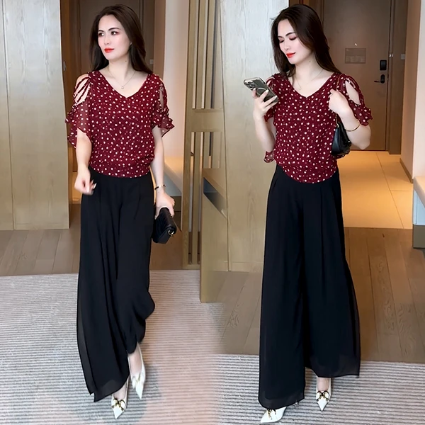 设计感露肩短袖套装2025夏季新款上衣小个子蝙蝠袖薄款小衫阔腿裤