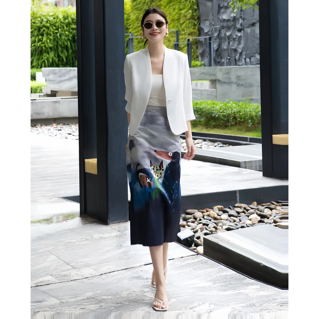 ZEROYK时尚套装女高级御姐气质醋酸西服外套印花裙休闲度假两件套