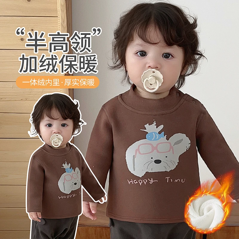 婴儿半高领加绒秋冬季上衣男宝宝内穿贴身保暖打底衫儿童冬款衣服