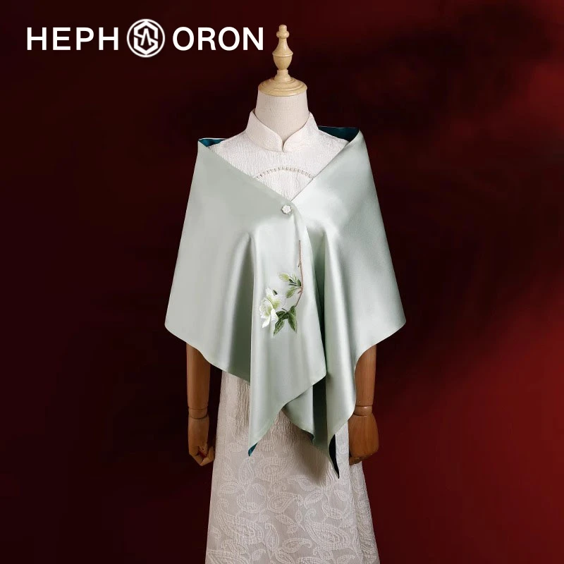 HEPHSORON苏绣丝巾礼盒绿色栀子花刺绣高档旗袍桑蚕丝真丝围巾