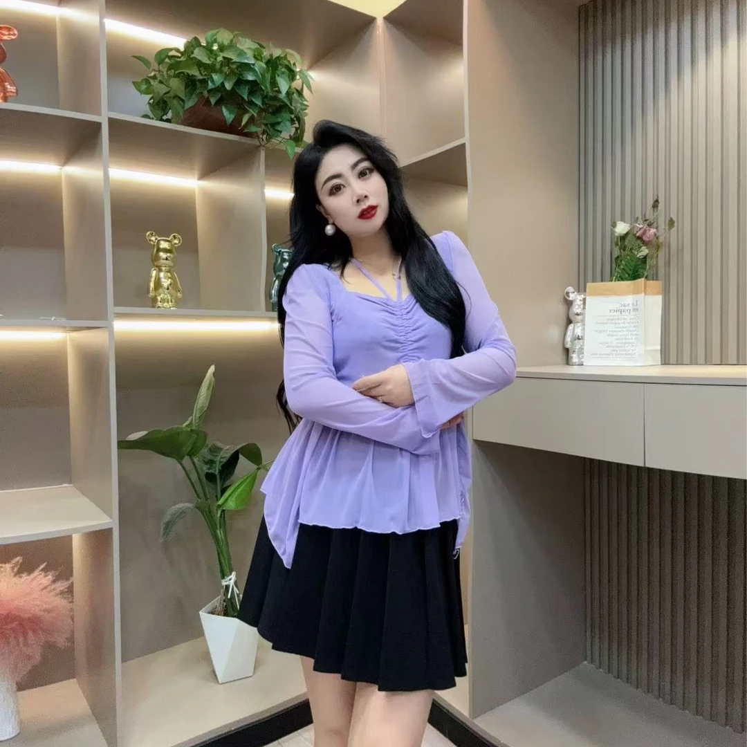 春季洋气小衫-娇 688 时尚潮流纯欲微透抽绳收腰胖MM大码女装新款