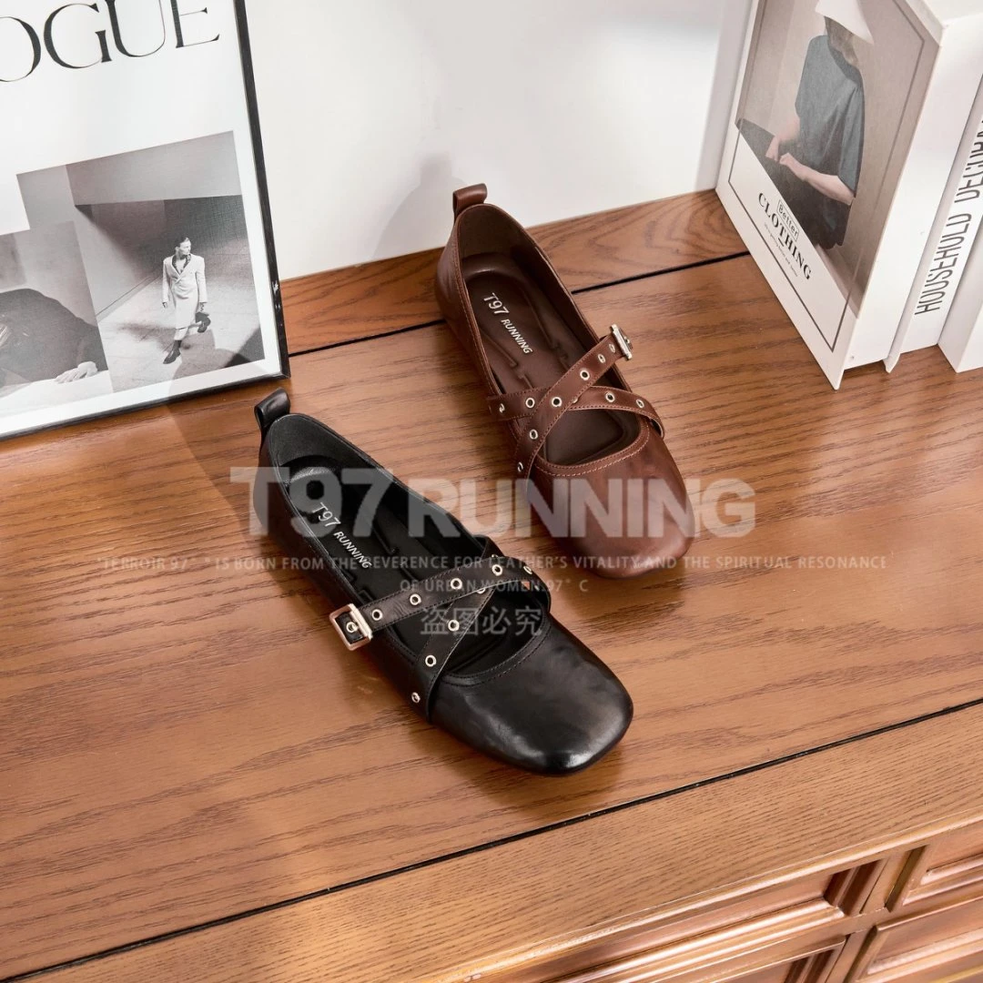 -2025新款设计感褶皱低跟浅口交叉带真皮百搭通勤单鞋女G1801