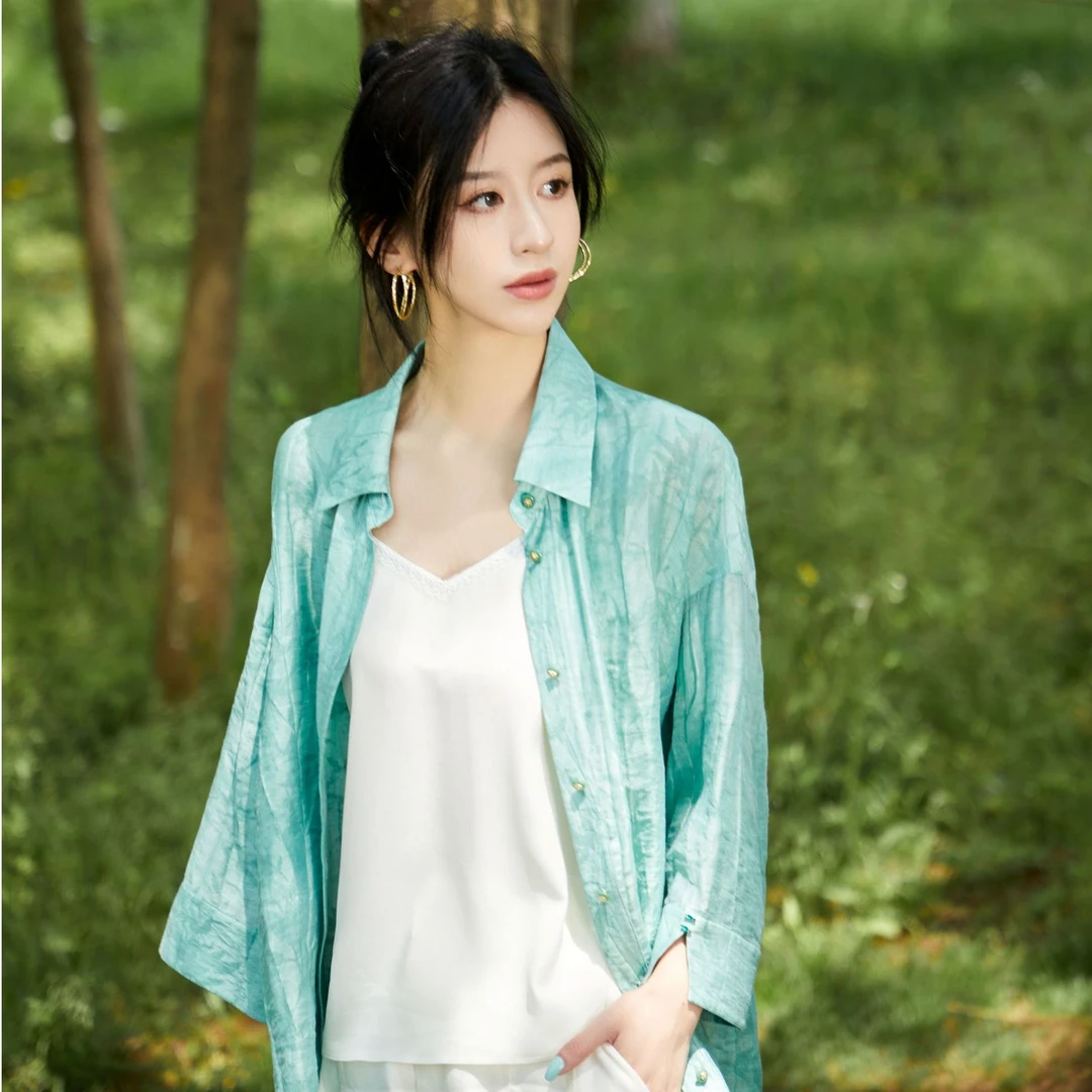 【晨粉专享价】XMLee艾米尔 绿色印花宽松休闲百搭衬衫 Y423C1401