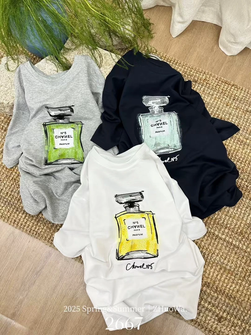 卓娃重工亮片刺绣香水瓶夏款欧货T恤