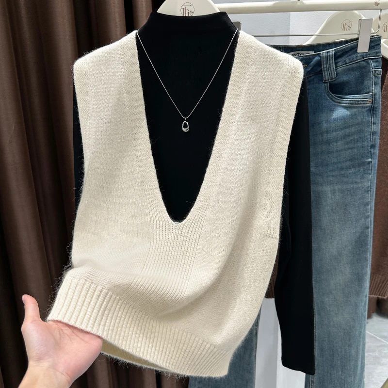 时尚高级感叠穿优雅气质百搭深V领宽松显瘦毛衣针织马甲背心上衣