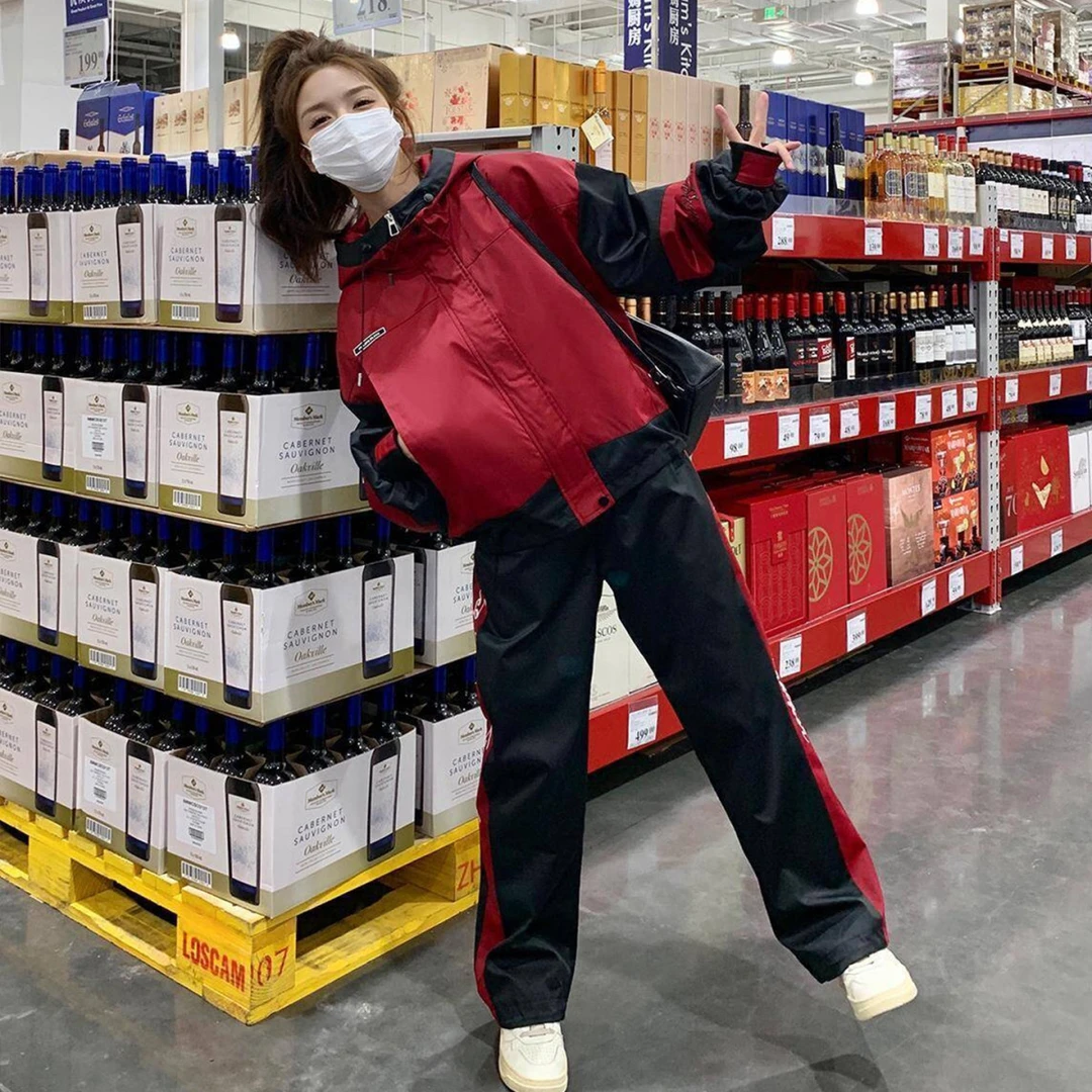 机能风拼接撞色户外登山休闲运动套装女秋季冲锋衣外套裤子两件套