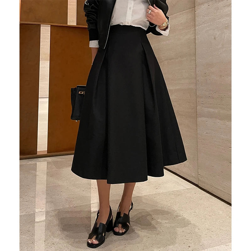 赫本风百褶小个子女春秋伞裙高腰显大摆半身裙中长款气质a字裙子