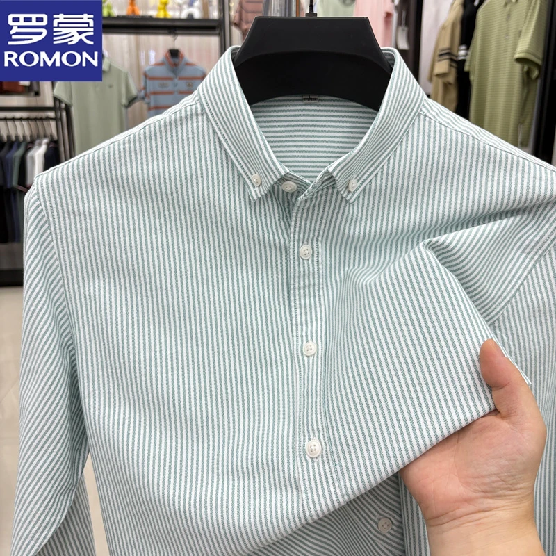 罗蒙100%纯棉竖条纹衬衫上衣男长袖秋装简约商务休闲寸衫男士衬衣