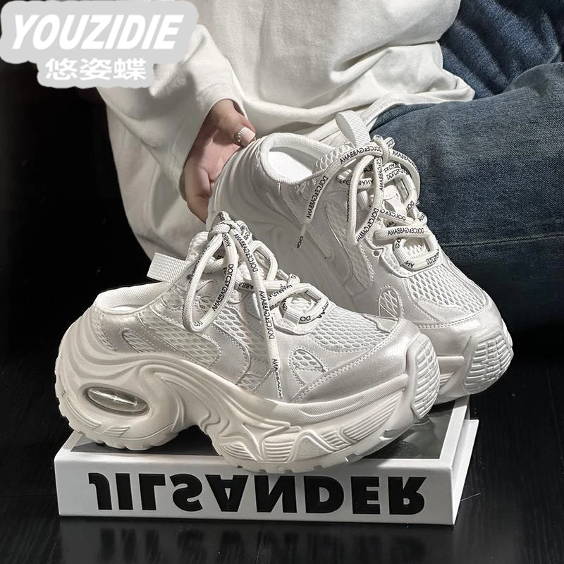 欧货轻奢系带网面厚底老爹鞋女包头半拖鞋2025新款增高休闲运动鞋