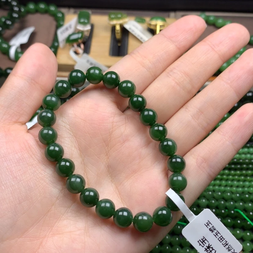 【闪购商品】未镶嵌手串和田玉（碧玉）8m菠菜绿无黑