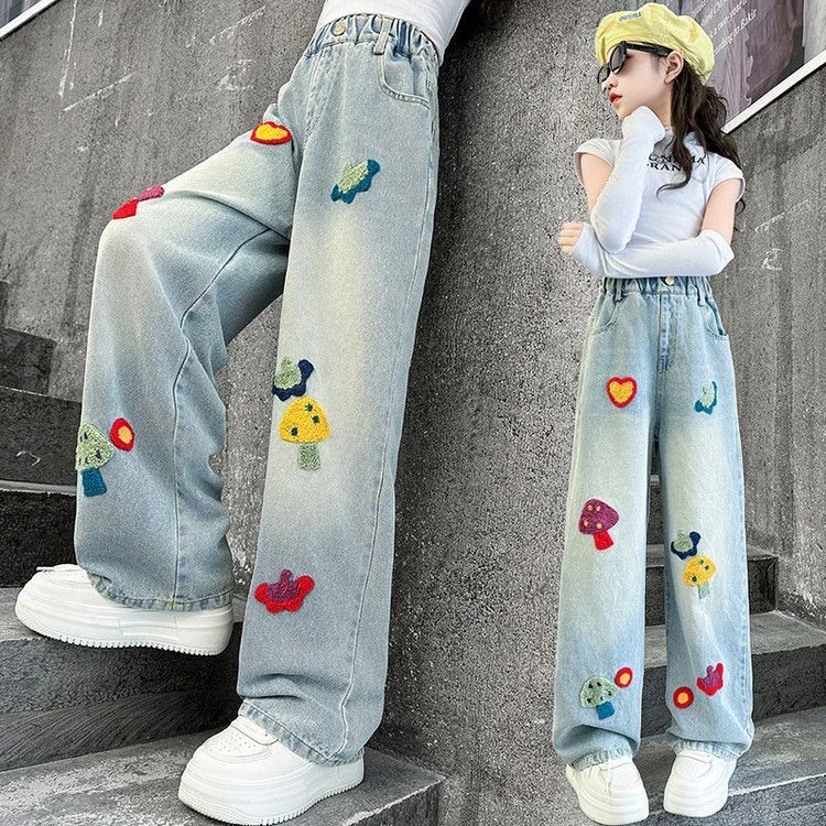 儿童女孩牛仔裤女宝宝春装休闲裤阔腿裤女童裤子春秋款韩版洋气