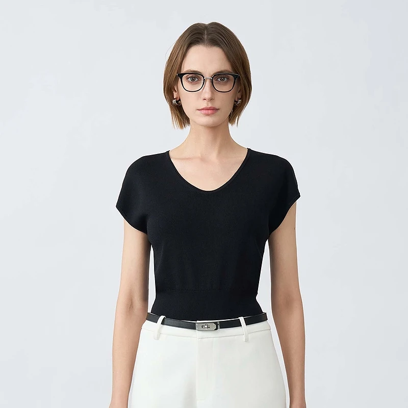 S·DEER圣迪奥长袖短款时尚百搭夏季黑色修身圆领针织衫S25263505