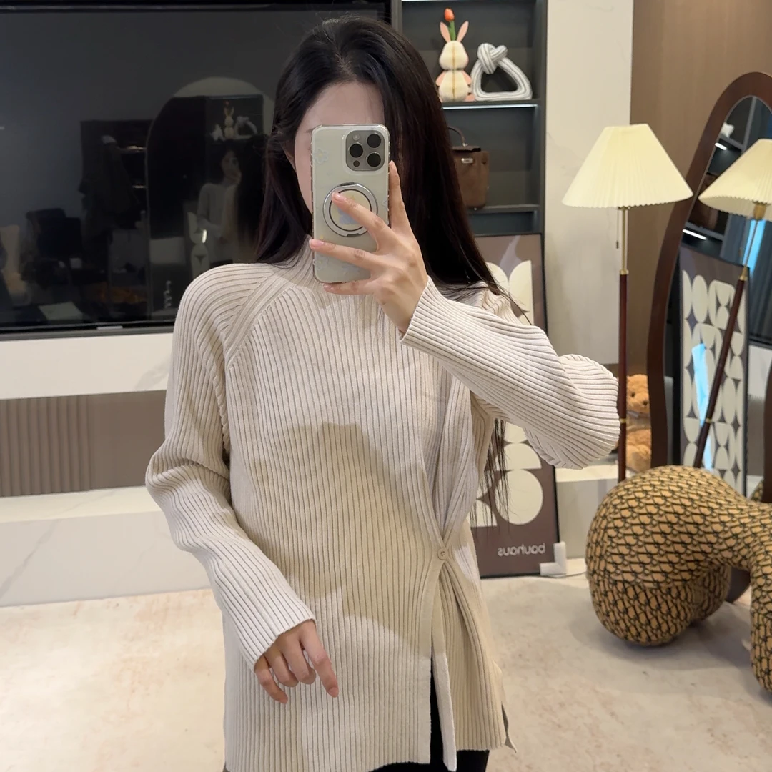 宿慕SUMU纯色时尚半高领开叉针织衫2025冬季新款毛衣28393