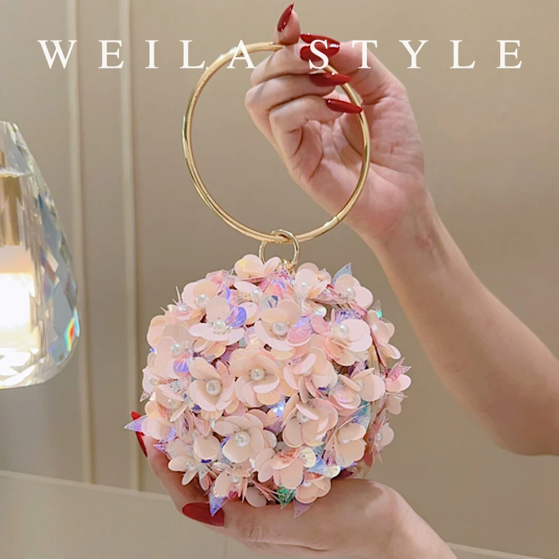 花朵手提包粉色仙女风度假小包包小圆球包手环圆形包单肩斜挎小包