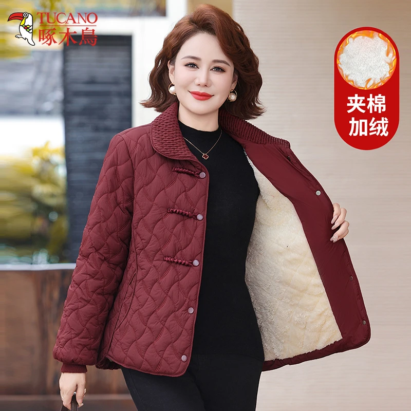 啄木鸟洋气妈妈秋冬加绒棉衣2025新款中老年女士冬装夹棉加厚外套