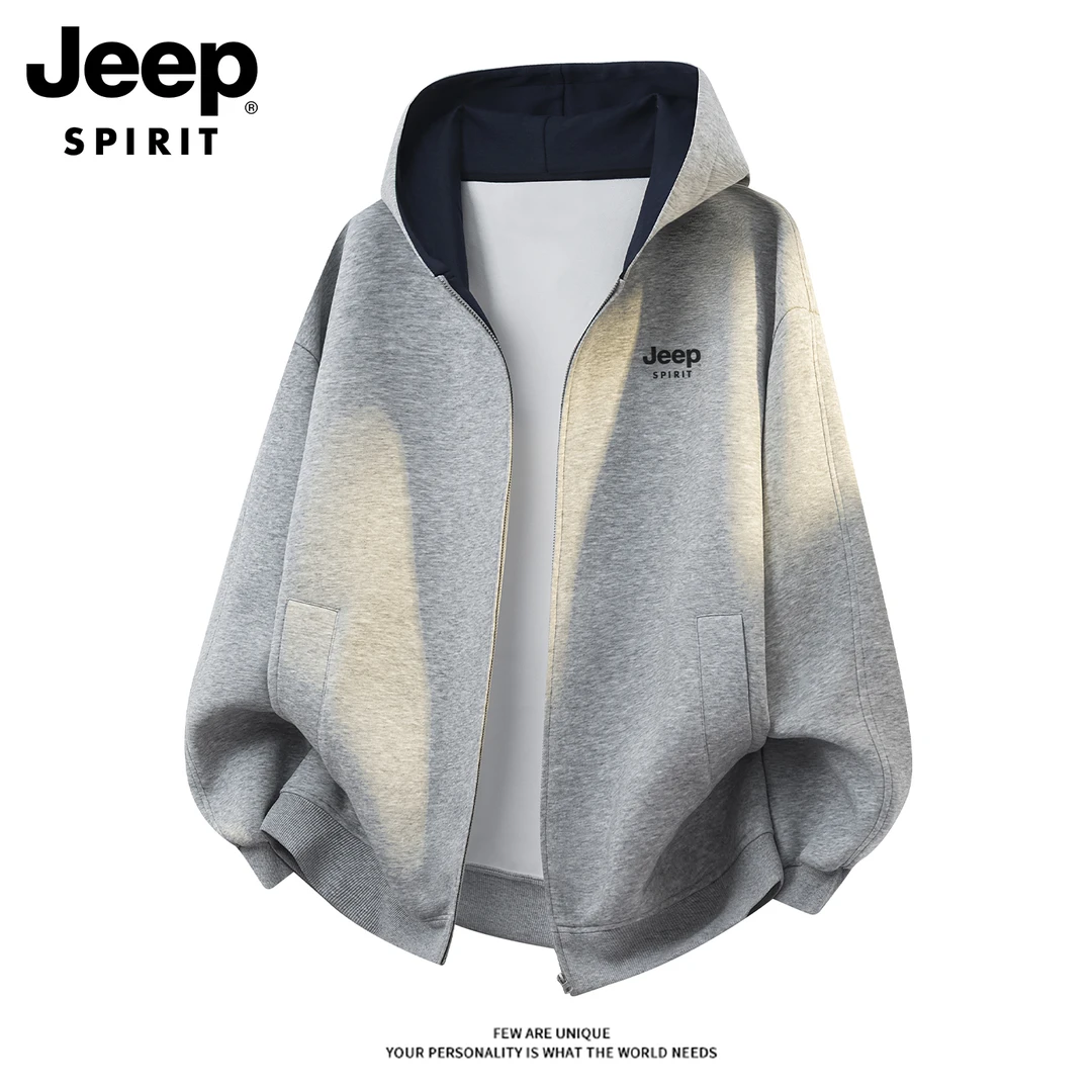 吉普秋季连帽开衫卫衣男士2025新款潮牌重磅宽松休闲无帽加绒卫衣